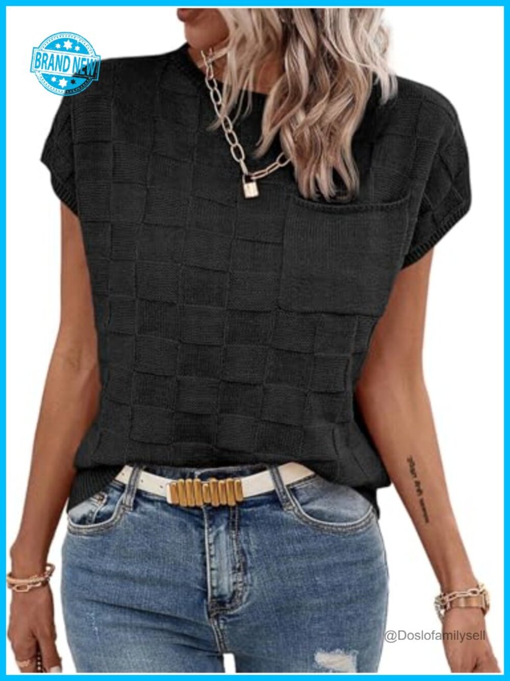 Cap Sleeve Sweater Vest Checkered Knit Crewneck Loose Fit Pullover
